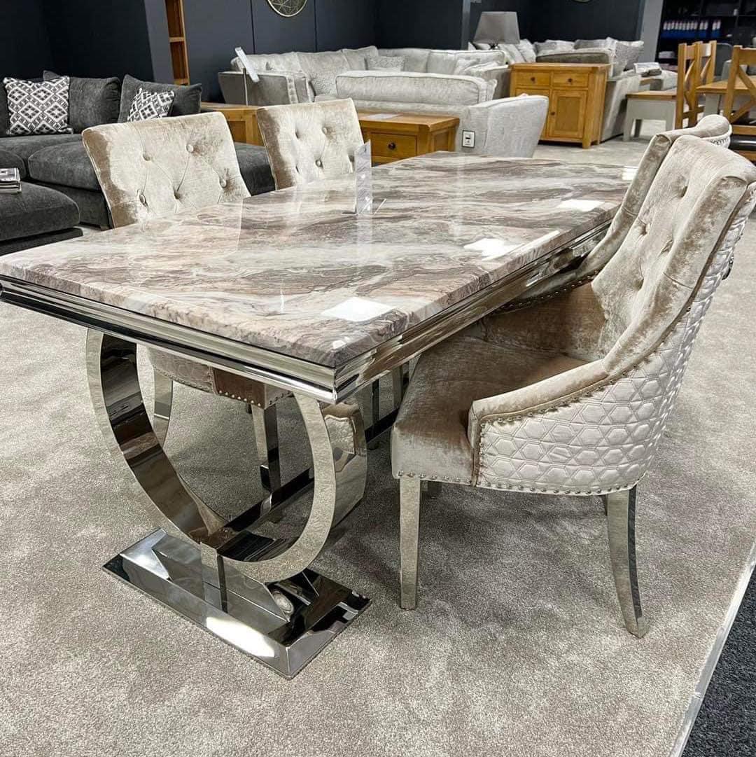 Arianna Sand Beige Marble & Chrome Dining Table With Shimmer Chrome Li – Esme Furnishings