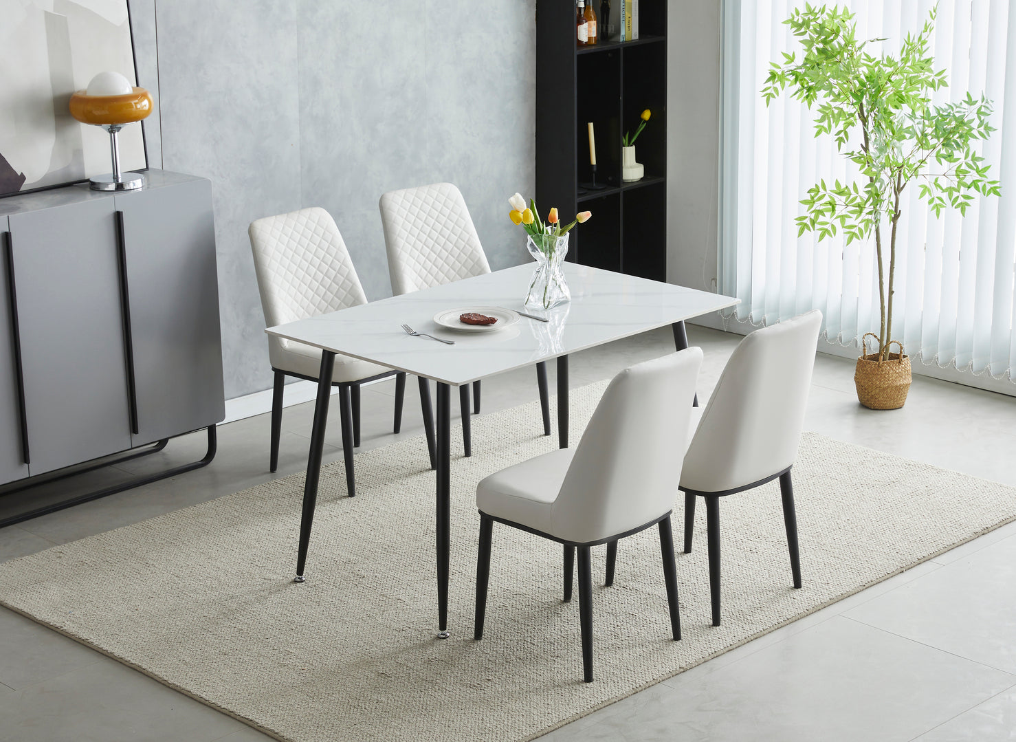 Oxford 120cm White Ceramic Top Dining Table With 4 White PU Leather Di ...