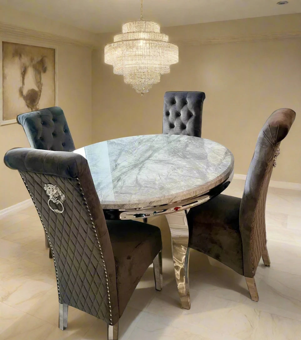 Louis 130cm Marble Round Dining Table Lucy Slim Quilted Lion Dining Chairs