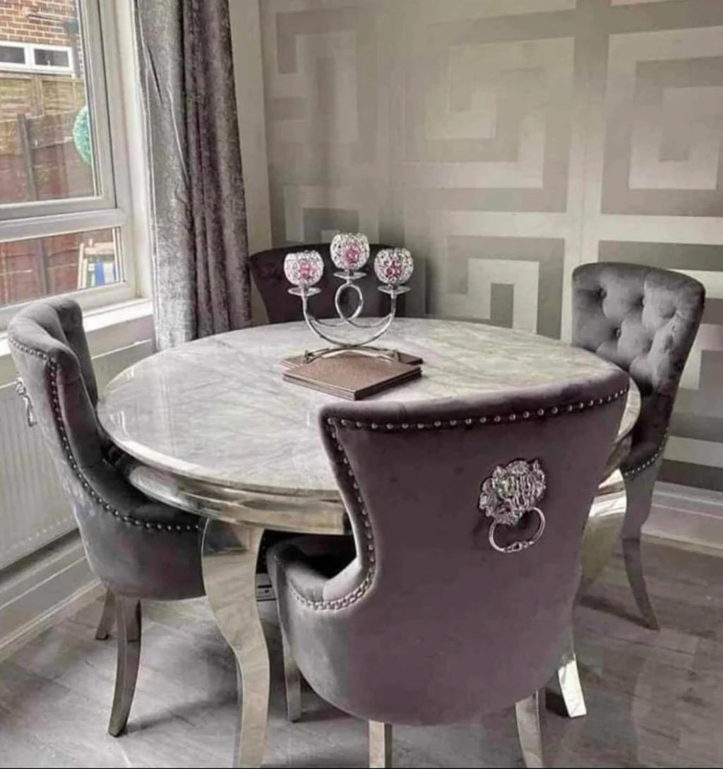 Louis 130cm Grey Marble Round Dining Table + Grey Lion Knocker Chairs Esme Furnishings