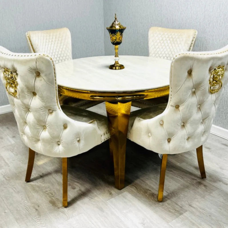 Louis Gold Round Cream Marble 110cm Dining Table Cream Gold Lion Knocker Velvet Dining Chairs