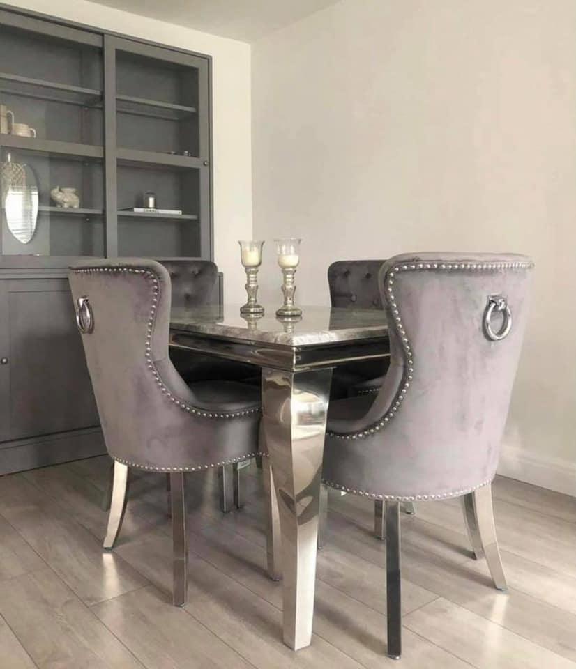 Louis 120cm Grey Marble Dining Table + 4 Grey Ring Knocker Chairs Esme Furnishings