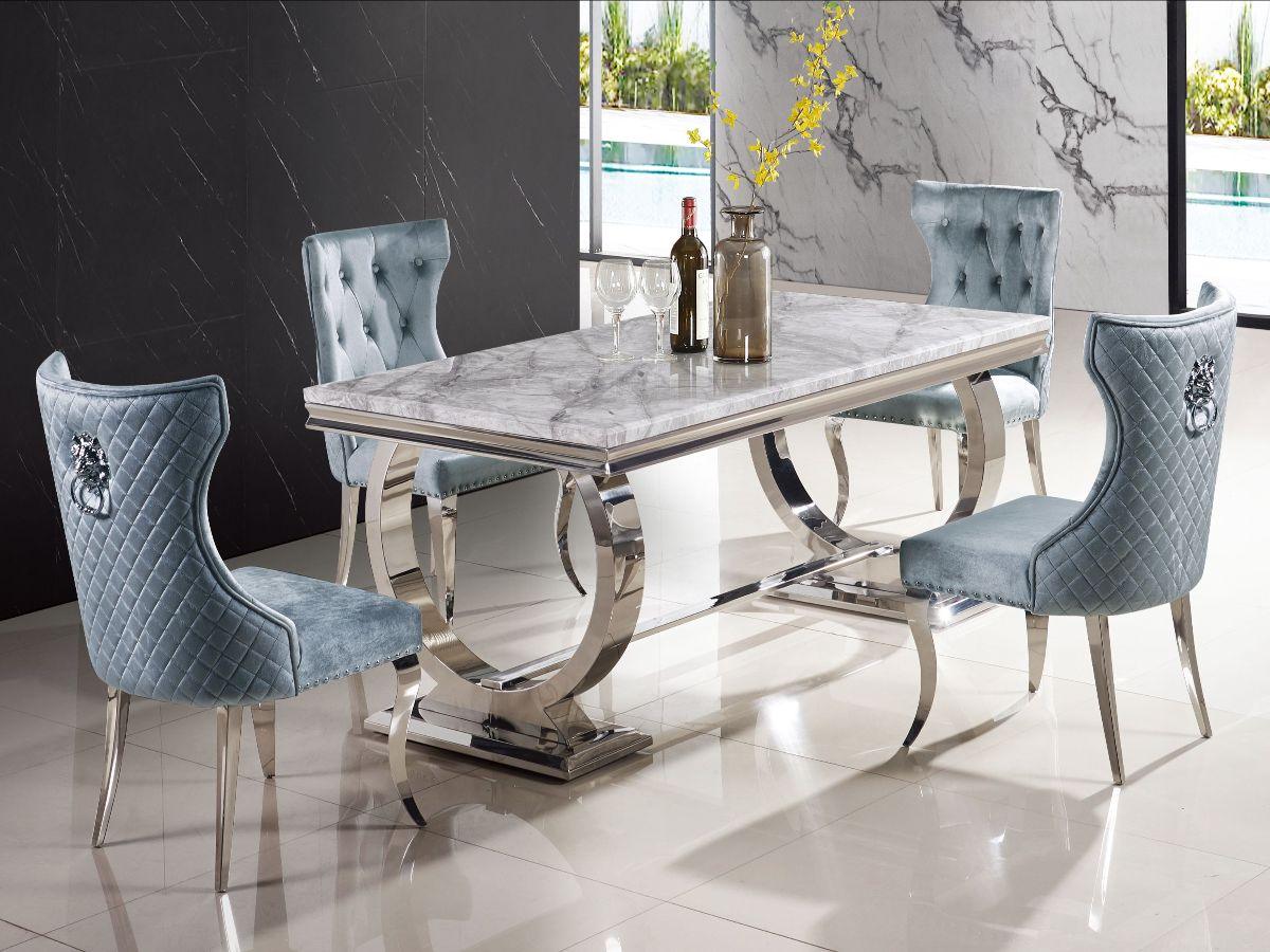 Arianna 180cm Grey Marble Dining Table + Lyon Lion Knocker Plush Velve