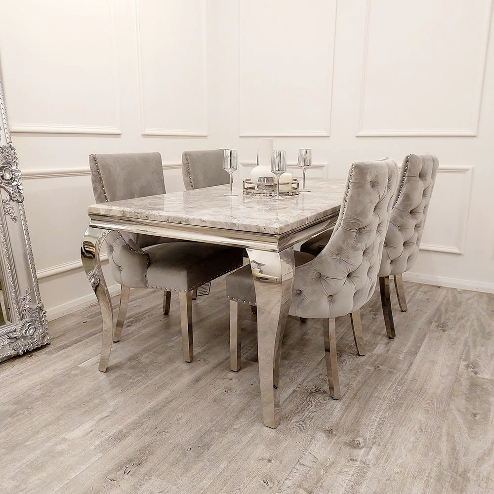 Louis Grey Marble Dining Table + Kensington Button Back Velvet Dining