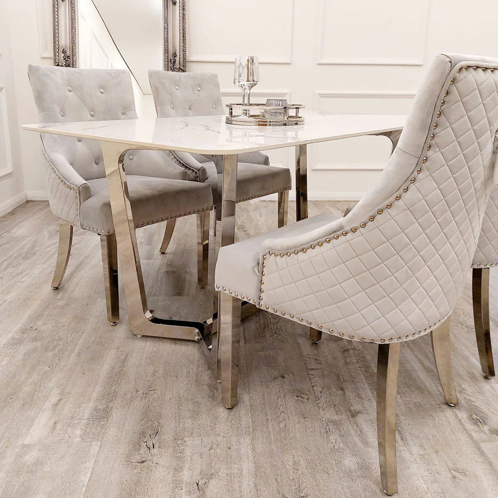 Lucien 160cm Chrome Dining Table with Polar White Sintered Stone Top Chrome Quilted Back Lion Knocker Dining Chairs