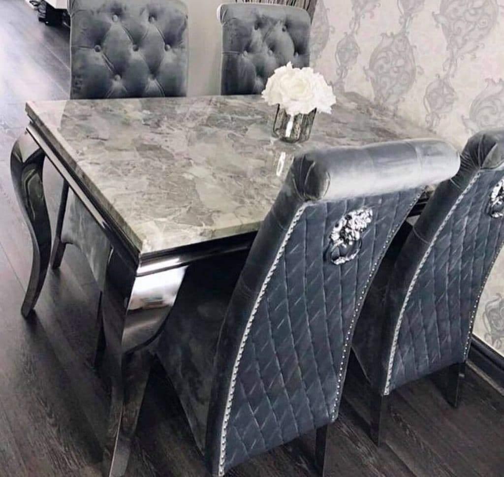 Louis 140cm Grey Marble Dining Table + Lucy Lion Slim Knocker Plush Ve