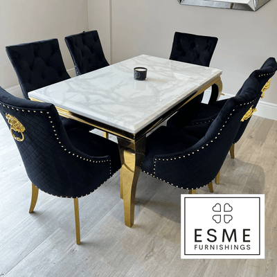 Louis Marble & Gold Dining Table With Gold Quilted Lion Knocker Velvet Chairs