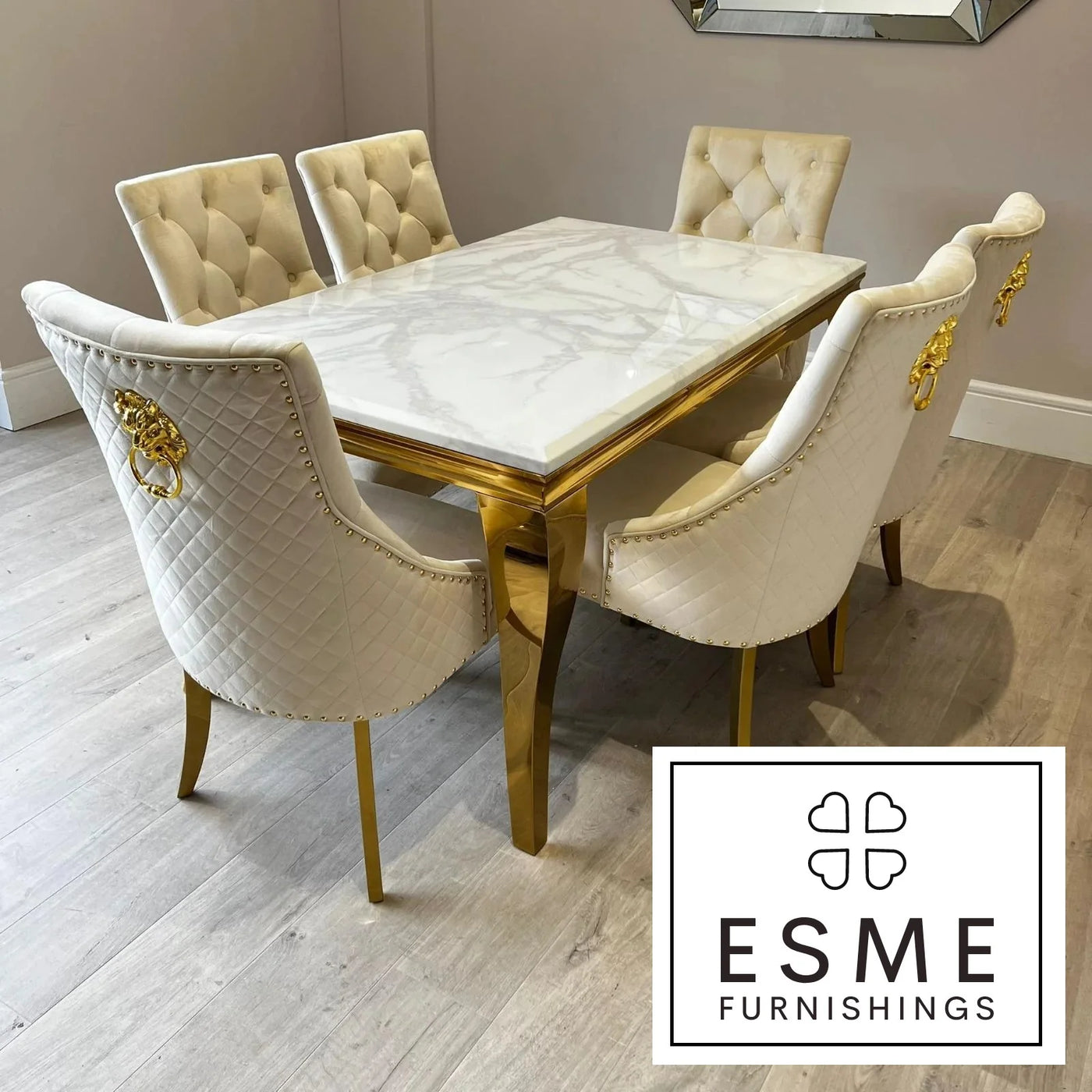 Louis Gold Marble Dining Table With Gold Quilted Lion Knocker Velvet Chairs