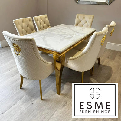 Louis Gold Marble Dining Table With Gold Quilted Lion Knocker Velvet Chairs