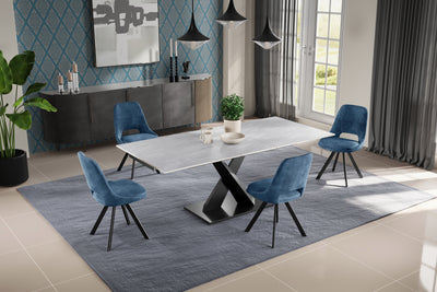 Toronto 140-180cm Grey Matt Ceramic Marble Extending Dining Table With Velvet Dining Chairs