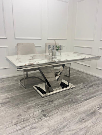 Cello 180cm Marble & Chrome Dining Table With Carlton Grey/Chrome Velvet Chairs