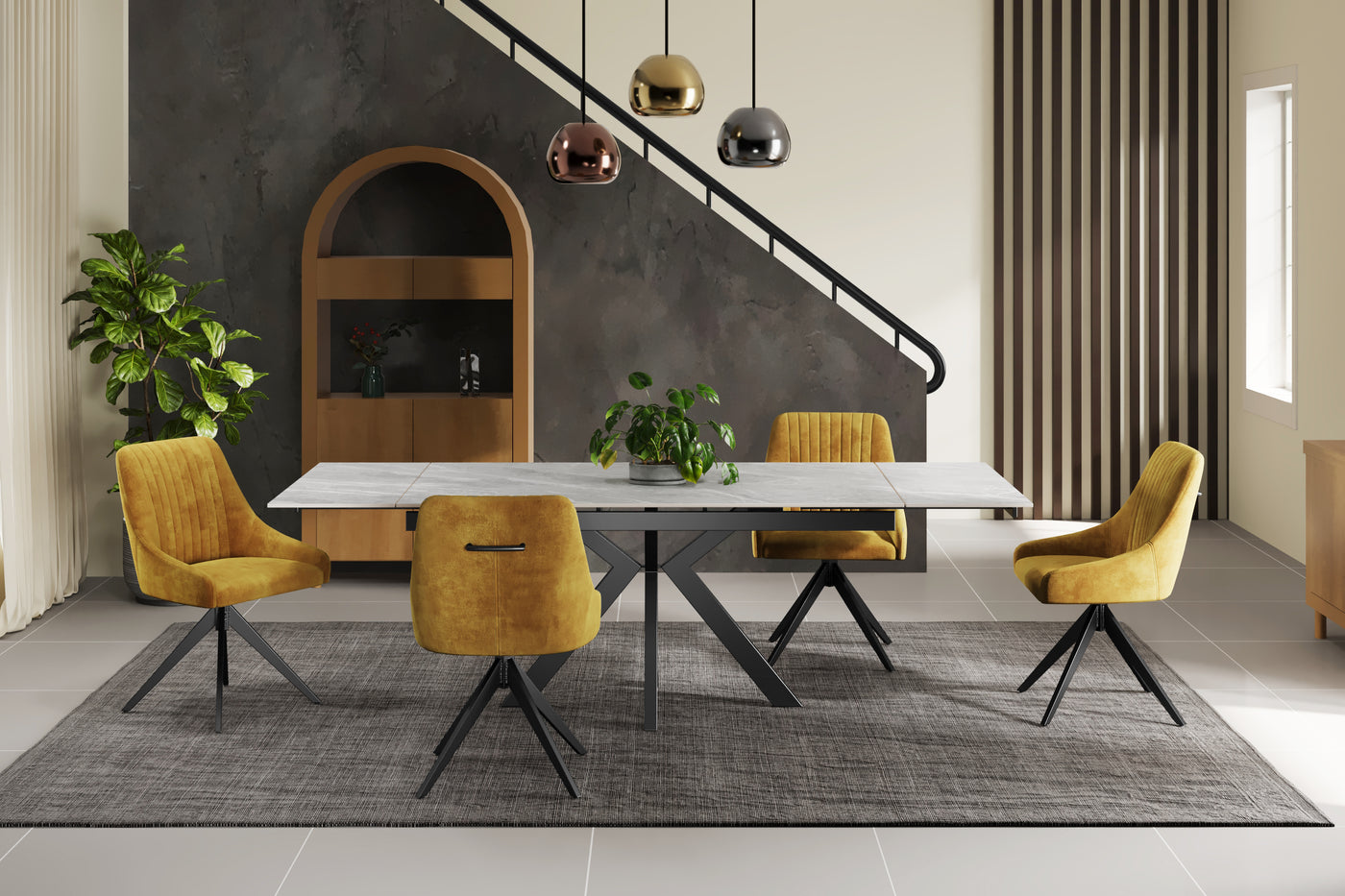 Nova 160-240cm White Ceramic Marble Side Extending Dining Table With Swivel Velvet Dining Chairs