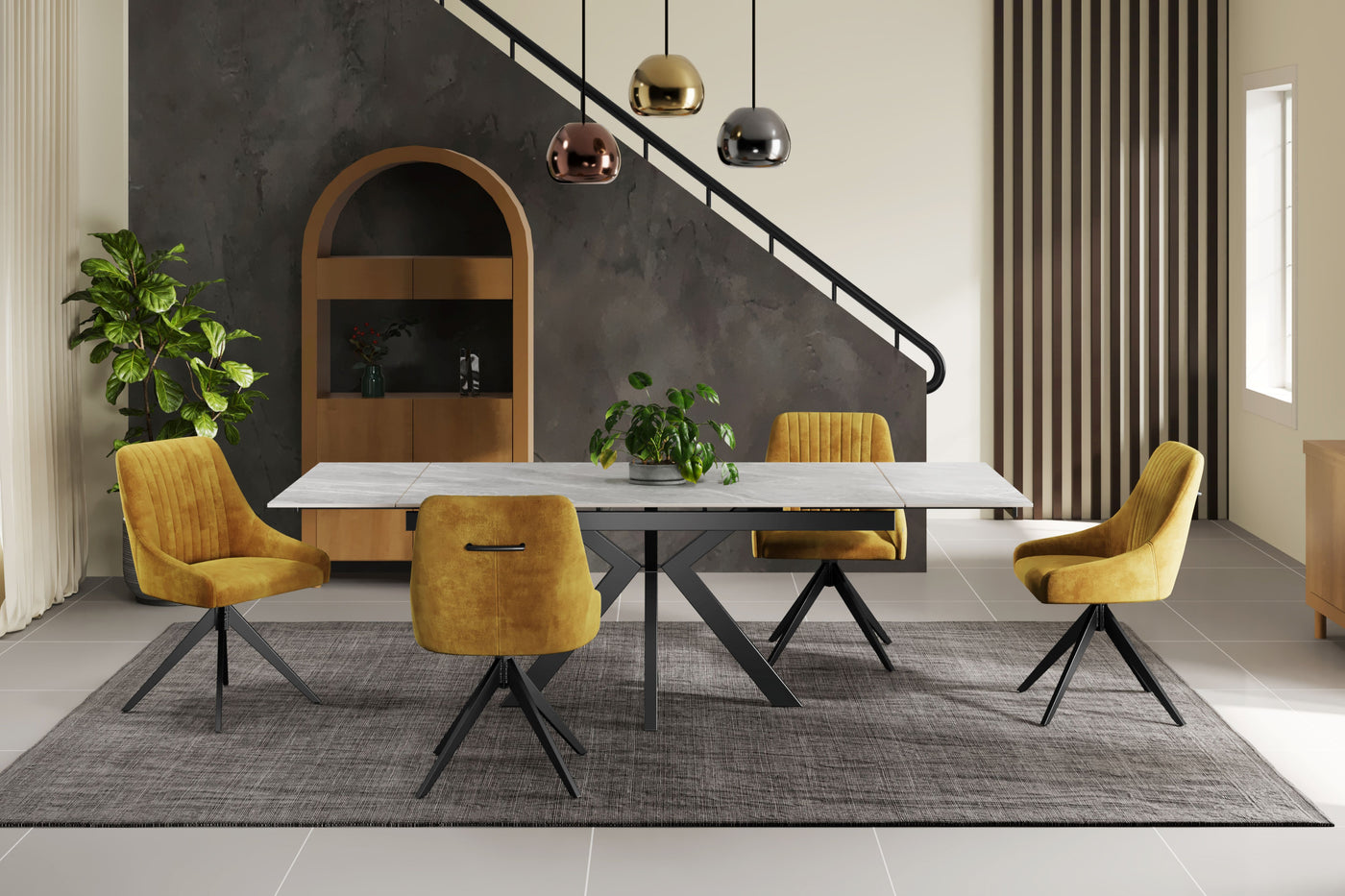 Nova 160-240cm White Ceramic Marble Side Extending Dining Table With Swivel Velvet Dining Chairs