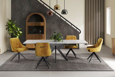 Nova 160-240cm White Ceramic Marble Side Extending Dining Table With Swivel Velvet Dining Chairs
