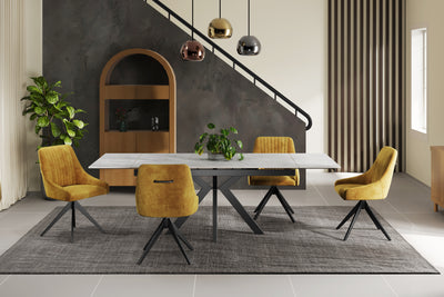 Nova 160-240cm White Ceramic Marble Side Extending Dining Table With Swivel Velvet Dining Chairs