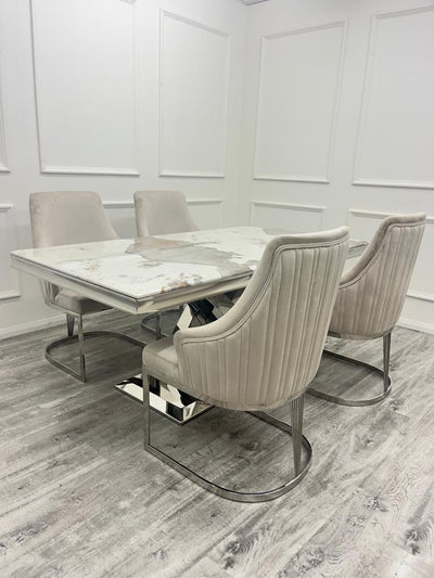 Ottavia 180cm Marble & Chrome Dining Table With Carlton Beige/Chrome Velvet Chairs