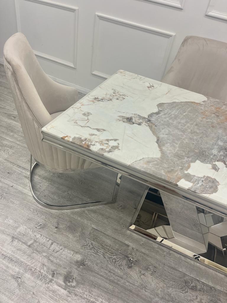 Cello 180cm Marble & Chrome Dining Table With Carlton Beige/Chrome Velvet Chairs