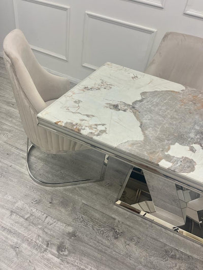 Cello 180cm Marble & Chrome Dining Table With Carlton Beige/Chrome Velvet Chairs