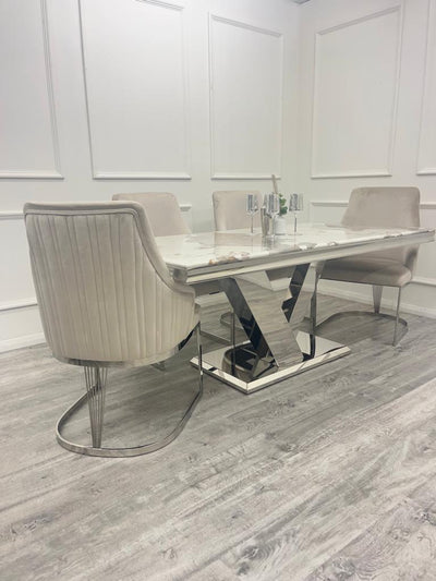 Cello 180cm Marble & Chrome Dining Table With Carlton Beige/Chrome Velvet Chairs