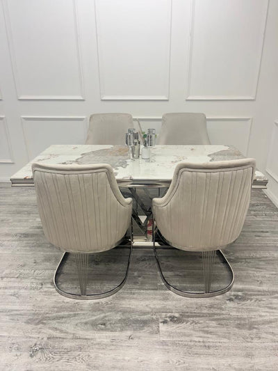 Cello 180cm Marble & Chrome Dining Table With Carlton Beige/Chrome Velvet Chairs