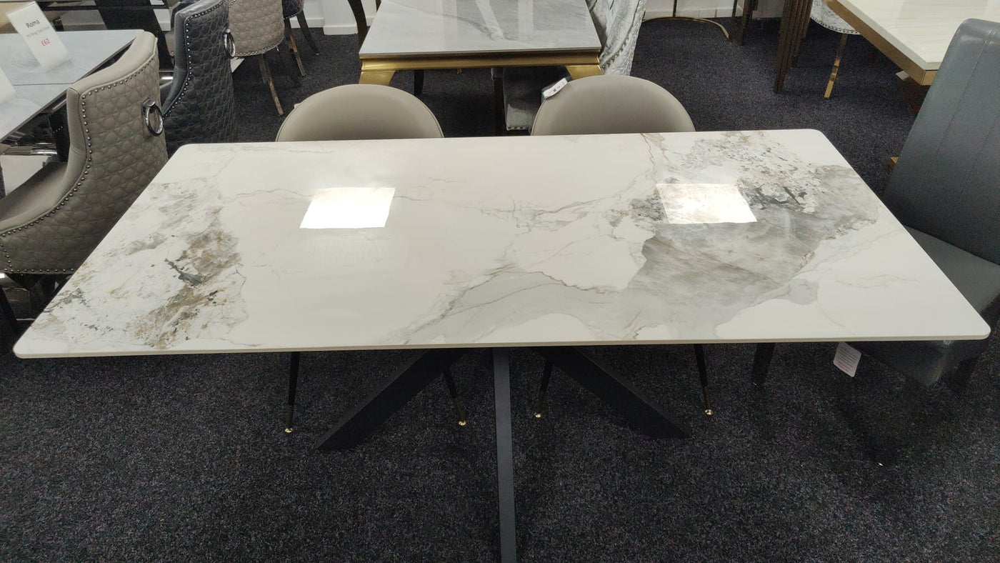 Roma 180cm White Ceramic Marble Dining Table + Cream Boucle Velvet Chairs