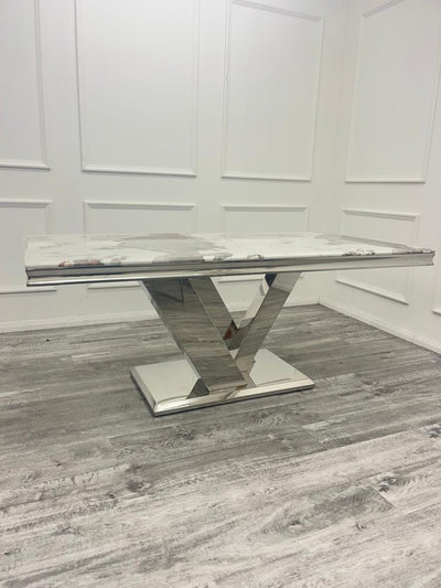 Cello 180cm Marble & Chrome Dining Table With Carlton Beige/Chrome Velvet Chairs