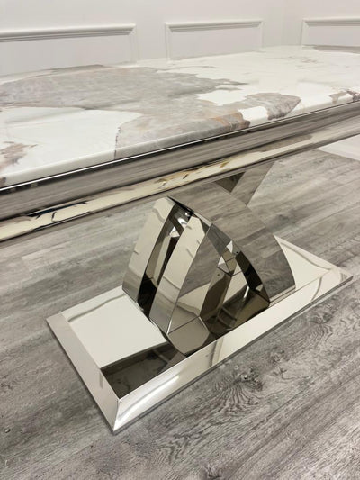 Ottavia 180cm Marble & Chrome Dining Table With Carlton Beige/Chrome Velvet Chairs