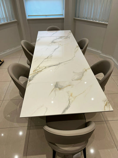 Caso 180-280cm White Kass Gold Ceramic Marble Side Extending Dining Table