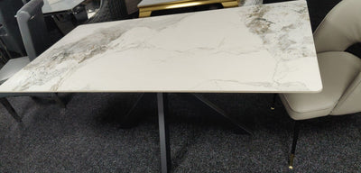 Phoenix 180cm White Ceramic Marble Dining Table With Grey Velvet Black Ring Chairs