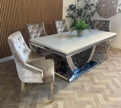 Denver Marble & Chrome Dining Table With Lion Knocker Quilted Velvet Chairs