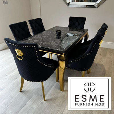 Louis Gold Marble Dining Table With Gold Quilted Lion Knocker Velvet Chairs