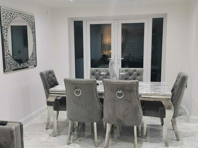 Louis Marble & Chrome Dining Table With Chrome Ring Knocker Velvet Chairs