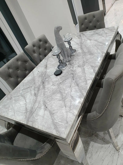 Louis Marble & Chrome Dining Table With Chrome Ring Knocker Velvet Chairs