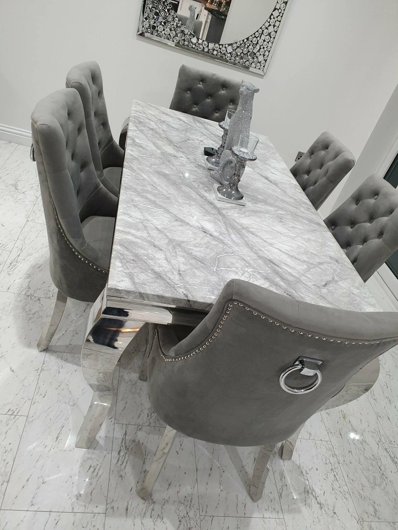 Louis Marble & Chrome Dining Table With Chrome Ring Knocker Velvet Chairs