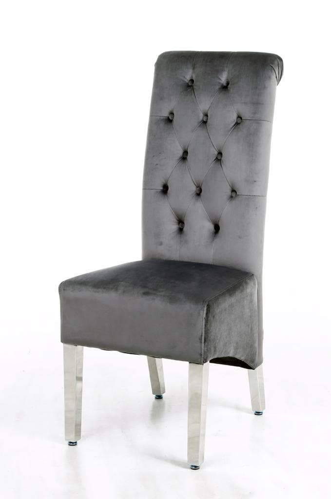 Sophia Grey French Velvet Lion Knocker Quilted Dining Chair With Chrome Legs-Esme Furnishings