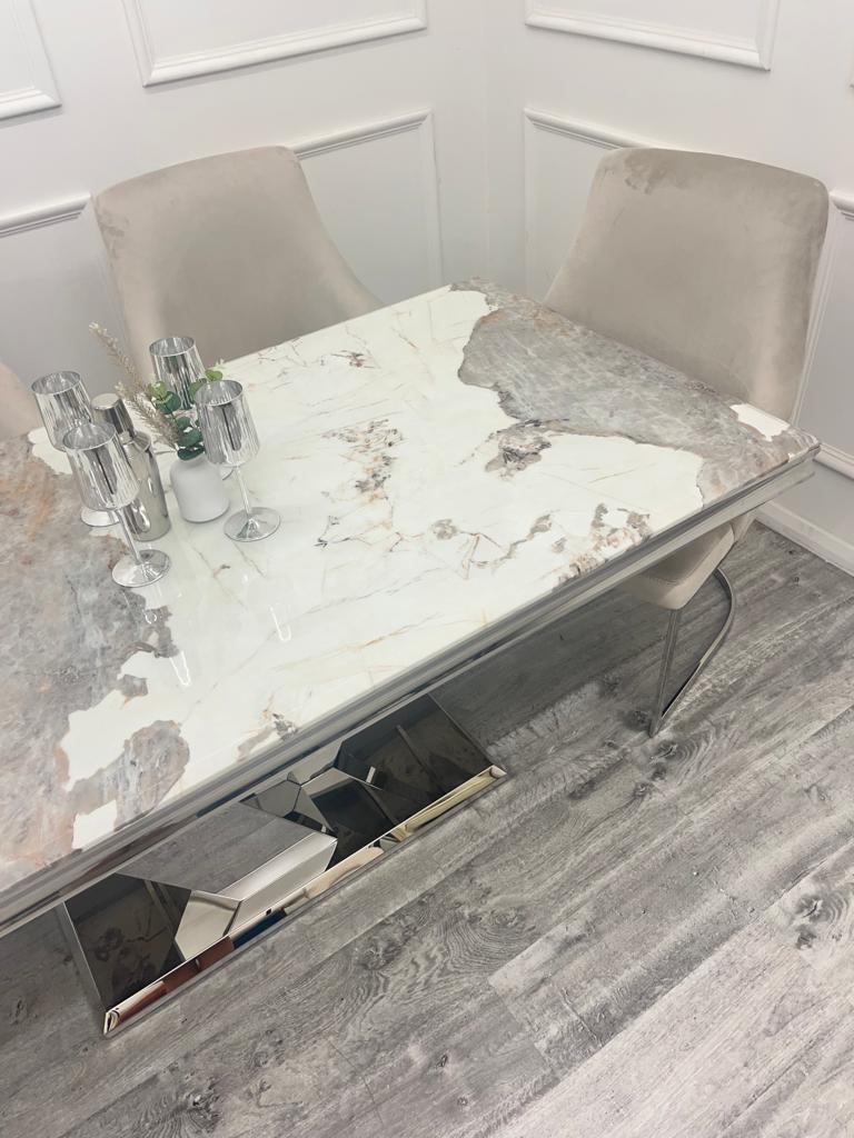 Cello 180cm Marble & Chrome Dining Table With Carlton Beige/Chrome Velvet Chairs