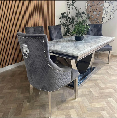 Denver Marble & Chrome Dining Table With Lion Knocker Quilted Velvet Chairs