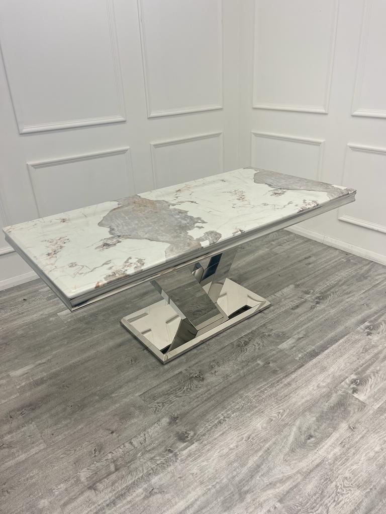 Cello 180cm Marble & Chrome Dining Table With Carlton Beige/Chrome Velvet Chairs