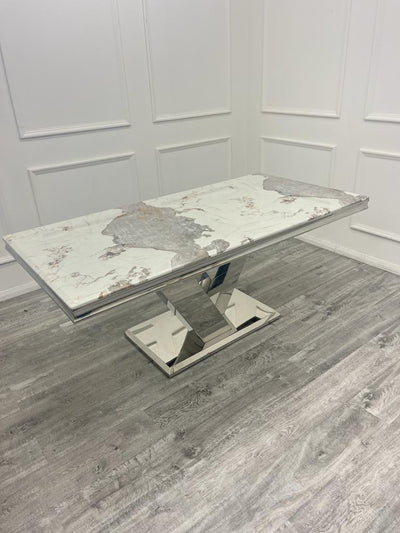 Cello 180cm Marble & Chrome Dining Table With Carlton Beige/Chrome Velvet Chairs