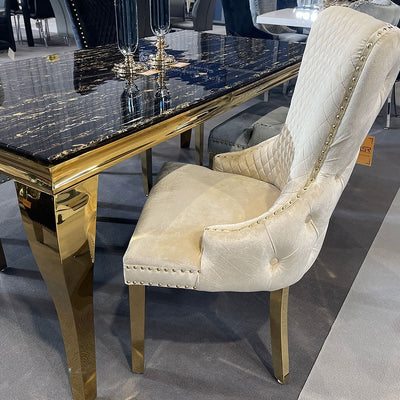 Louis Pandora Gold Marble Dining Table With Victoria Shimmer Velvet Lion Knocker Velvet Chairs