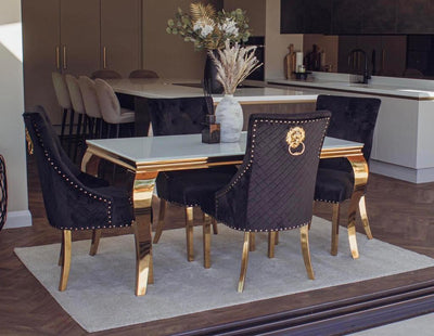 Louis Glass & Gold Dining Table With Gold Lion Knocker Quilted Velvet Chairs