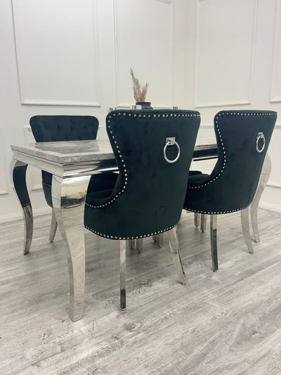 Louis 160cm Marble & Chrome Dining Table With Megan Chrome Ring Knocker Velvet Chairs