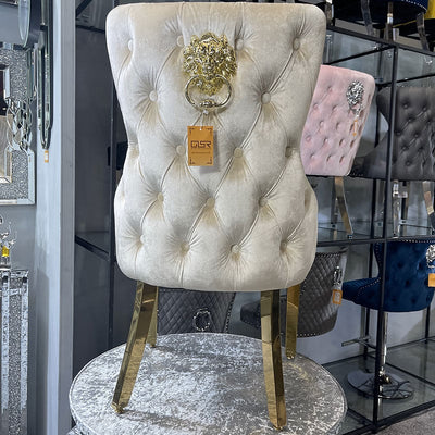 Louis Pandora Gold Marble Dining Table With Victoria Shimmer Velvet Lion Knocker Velvet Chairs