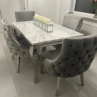 Louis Marble Dining Table With Kensington Button Back Velvet Dining Chairs