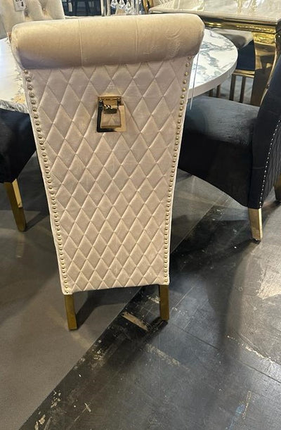 Sofia Gold Square Knocker Quilted Emma Slim Cream Gold Shimmer Velvet Dining Chair Gold Legs