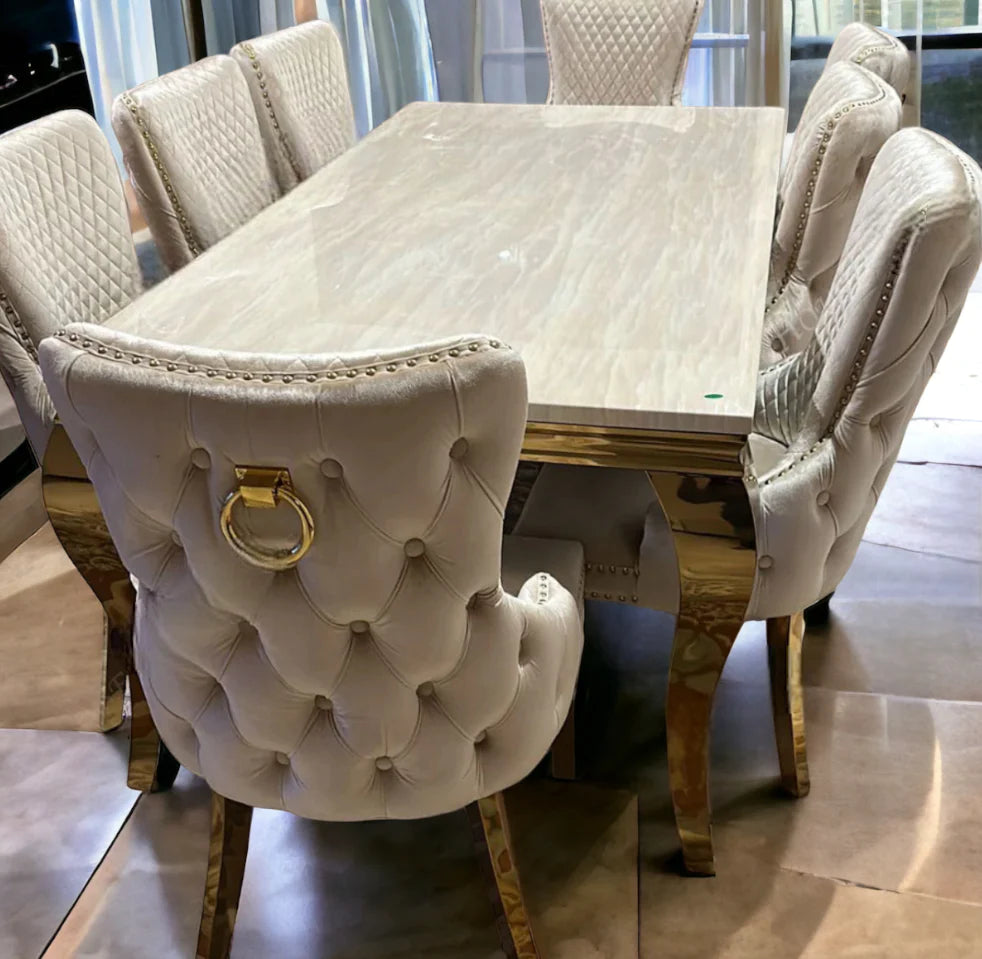 Louis Gold Cream Marble Dining Table With Shimmer Gold Ring Knocker Dining Chairs
