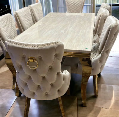 Louis Gold Cream Marble Dining Table With Shimmer Gold Ring Knocker Dining Chairs