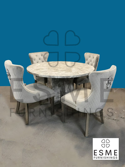 Como 130cm Grey Marble Round Dining Table + Lion Knocker Velvet Chairs