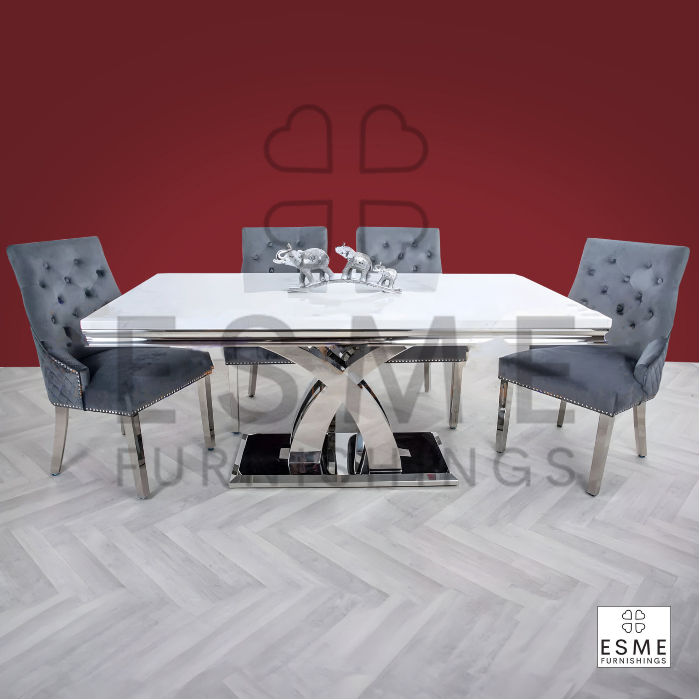 Ottavia 180cm Marble & Chrome Dining Table With Quilted Lion Knocker Velvet Chairs