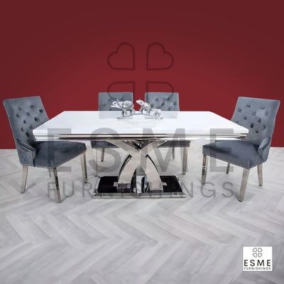 Ottavia 180cm Marble & Chrome Dining Table With Quilted Lion Knocker Velvet Chairs